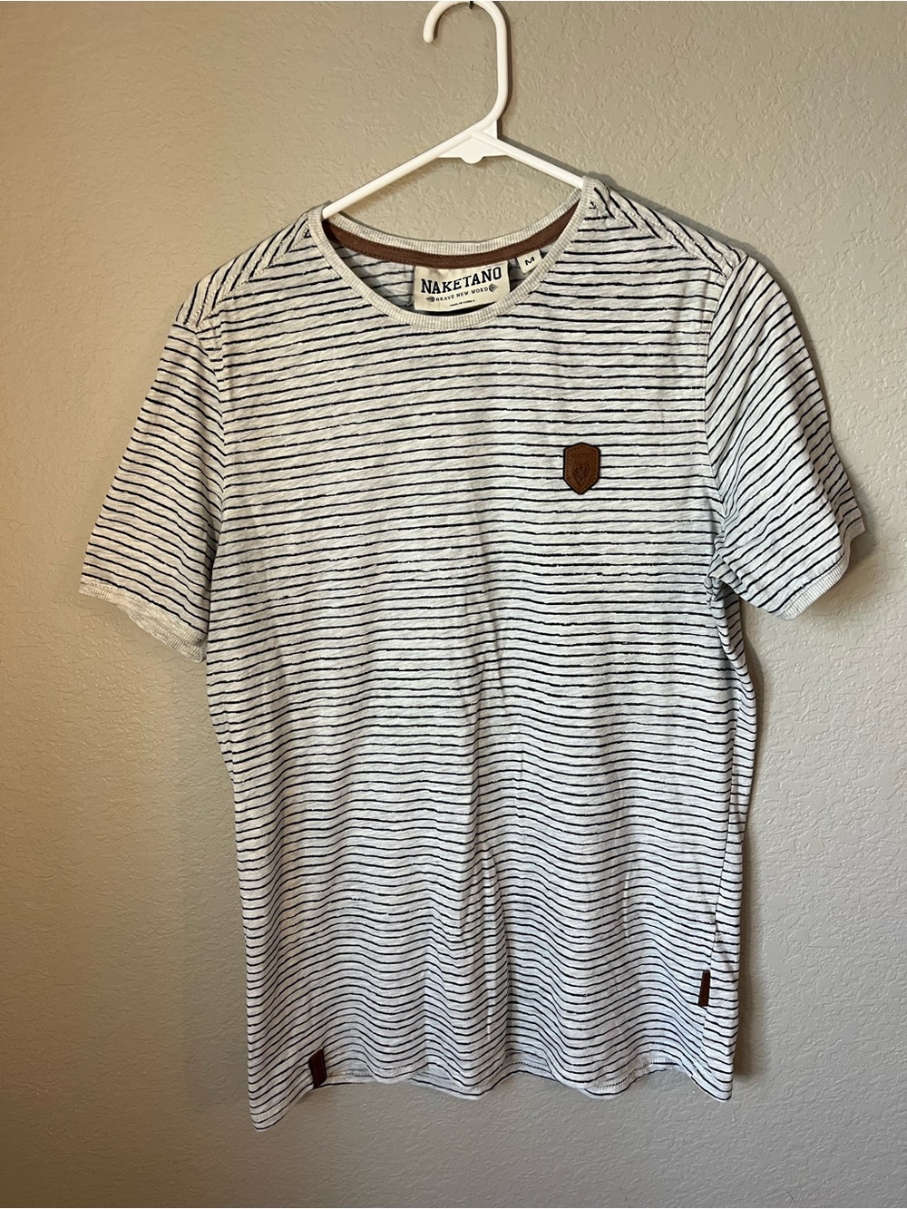 Rare Naketano Men’s Medium Striped T-Shirt Gray Black Leather Patch Casual Turke